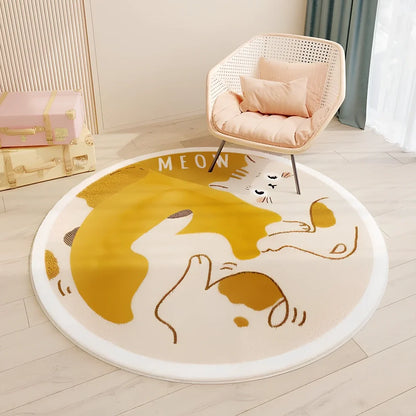 Circular children's polyester rug with animal character design, measuring 120cm diameter with soft pile surface
