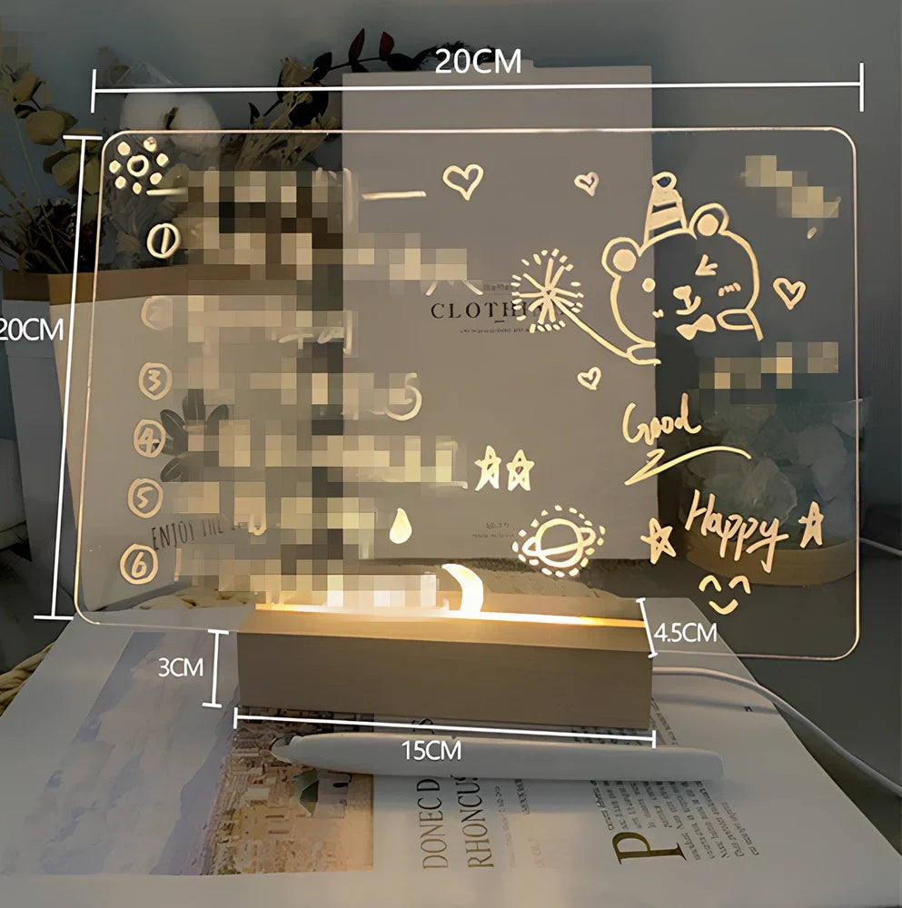 Transparent luminous acrylic note board measuring 100mm x 160mm with erasable surface and included pen
