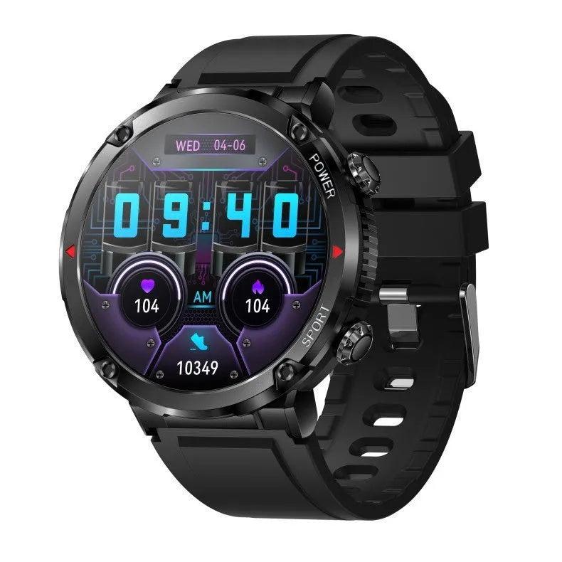 T30 Smart Watch with black silicone strap on wrist, showing IPS touchscreen displaying time and health metrics