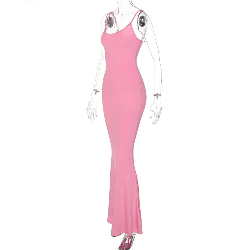 Women's slim bodycon spaghetti strap long dress in various colors