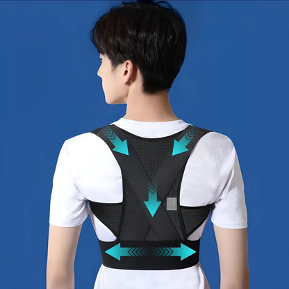 Man wearing a beige adjustable posture correction belt showing the hollow O back design and front straps.