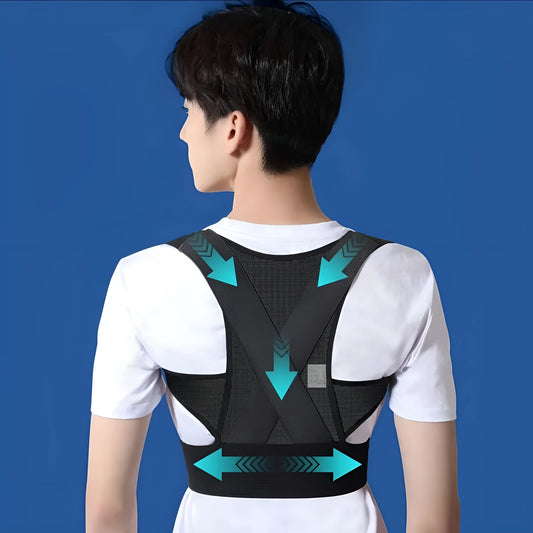 Man wearing a beige adjustable posture correction belt showing the hollow O back design and front straps.