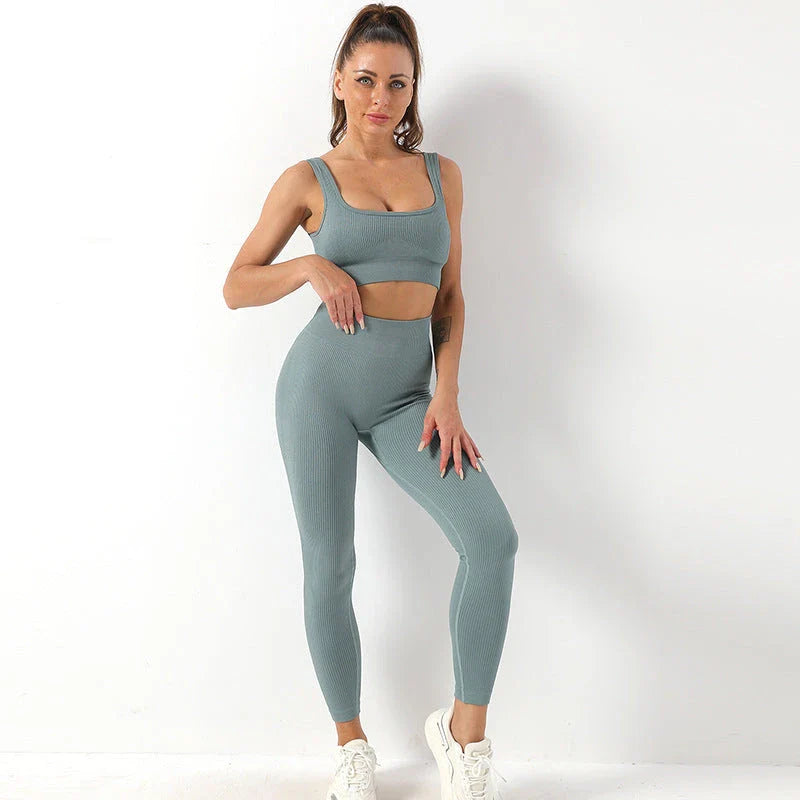 Seamless yoga set with high-waist leggings and supportive sports bra for women's fitness and activewear