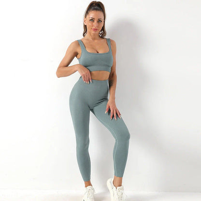Seamless yoga set with high-waist leggings and supportive sports bra for women's fitness and activewear