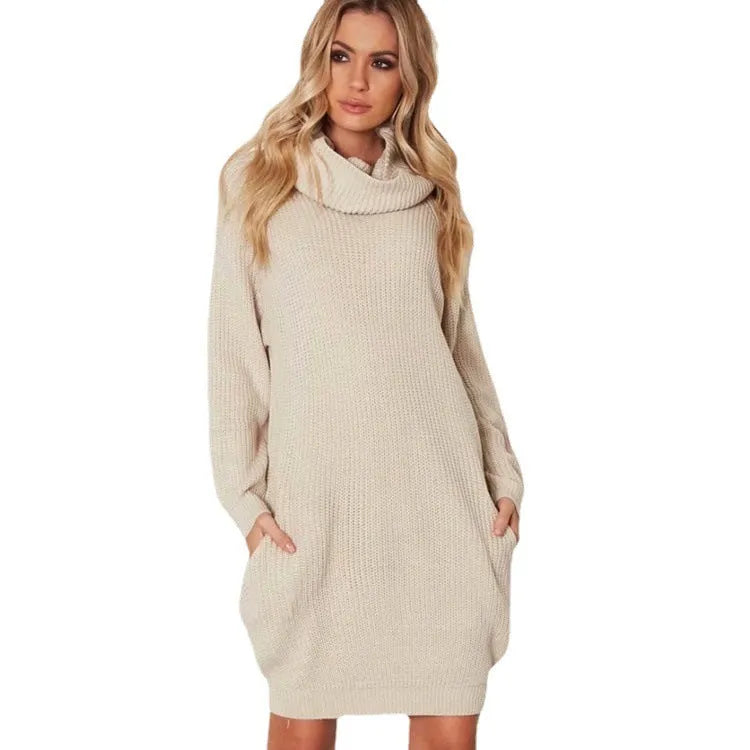 Women's apricot lapel-neck sweater with side pockets, loose slim fit.