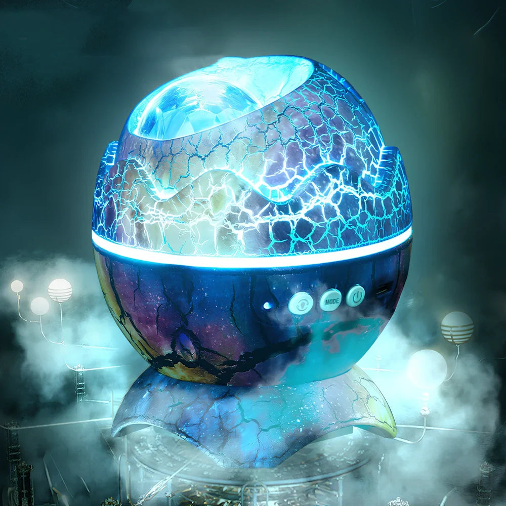 LED dinosaur egg projection lamp showing galaxy patterns with 12×14mm dimensions and multiple colour options