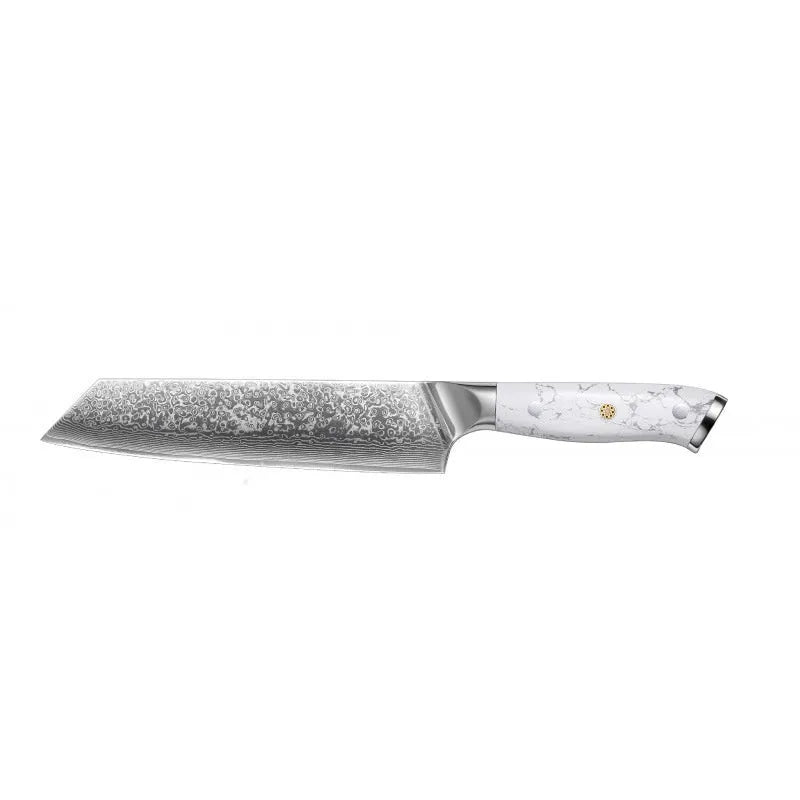 Damascus pattern VG10 steel chef's knife with a 21cm blade and simple handle on a wooden cutting board.