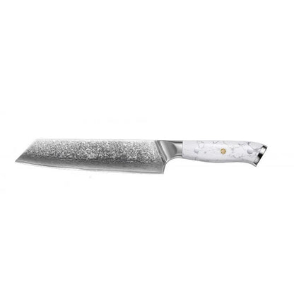 Damascus-patterned chef's knife with 21cm VG10 steel blade and ergonomic handle on a wooden cutting board.