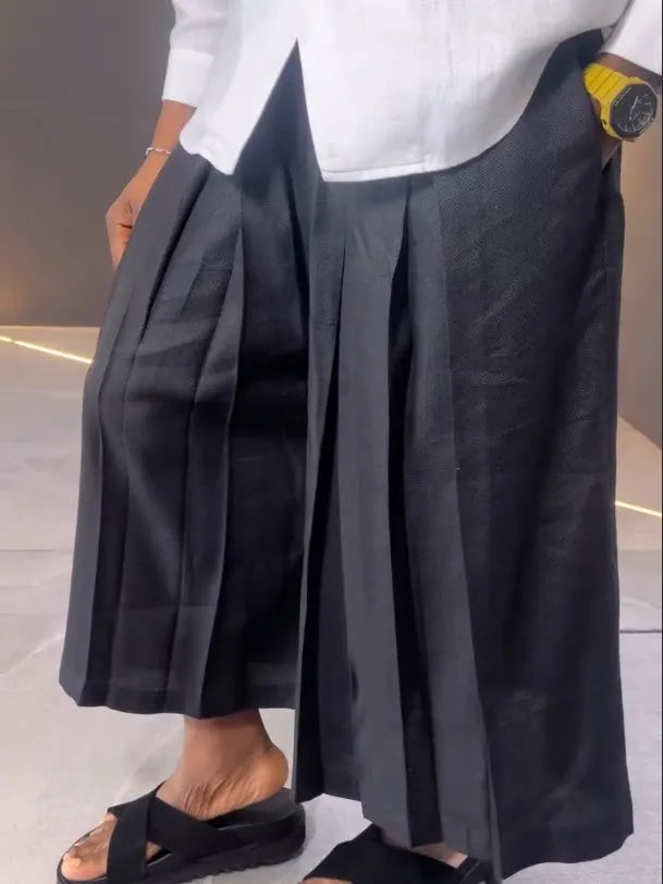 White asymmetric front long sleeve shirt and black pleated pants women's casual set