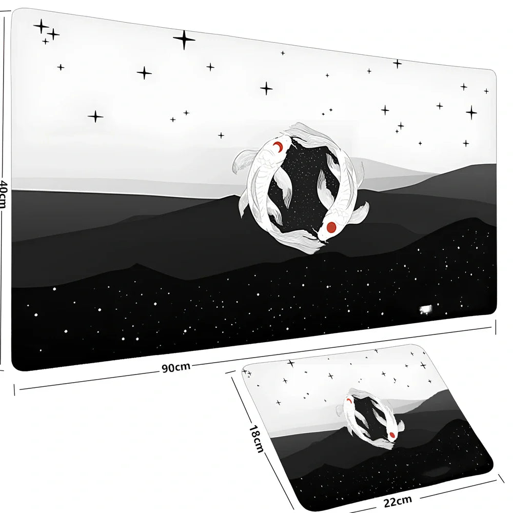 Large anime fish design mouse pad, rubber base, cloth surface, sizes 600x300x2mm to 1000x500x3mm, non-slip for desks