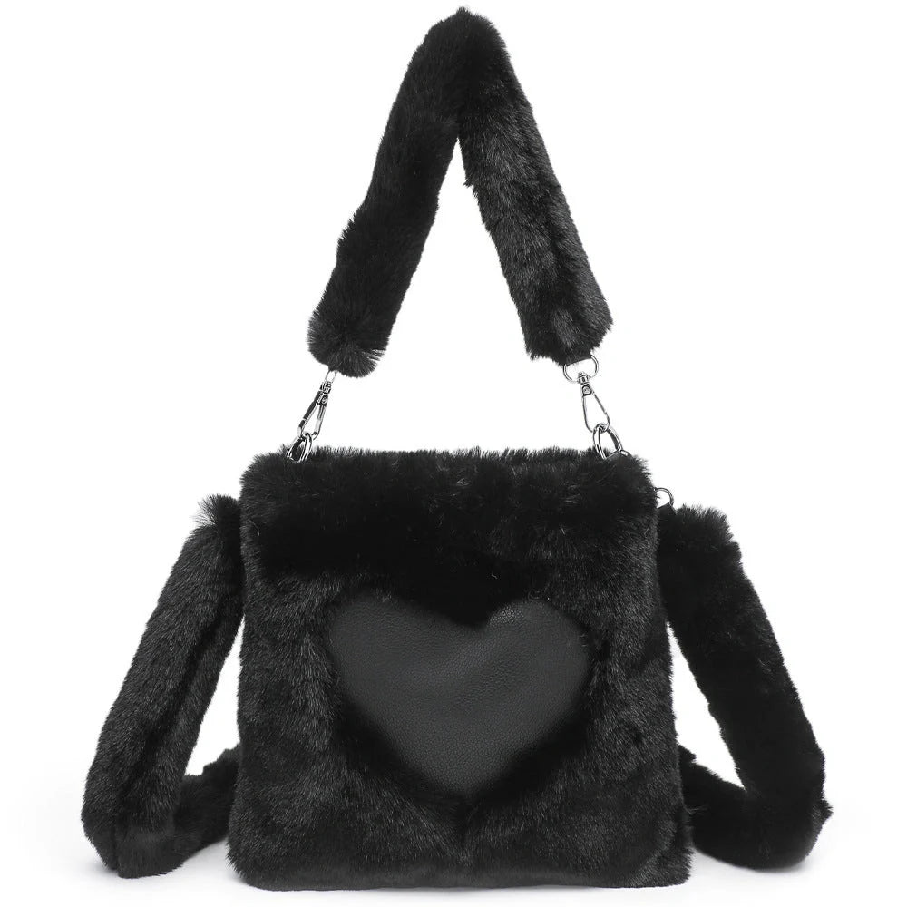 Plush tote bag for women in various colors, including black, brown, white, gray, and pink, with a soft, fluffy exterior and a spacious, versatile design.