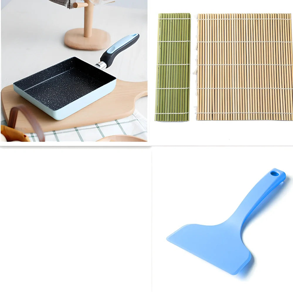 Square non-stick frying pan in blue colour showing 13×18cm dimensions and 3.5cm depth