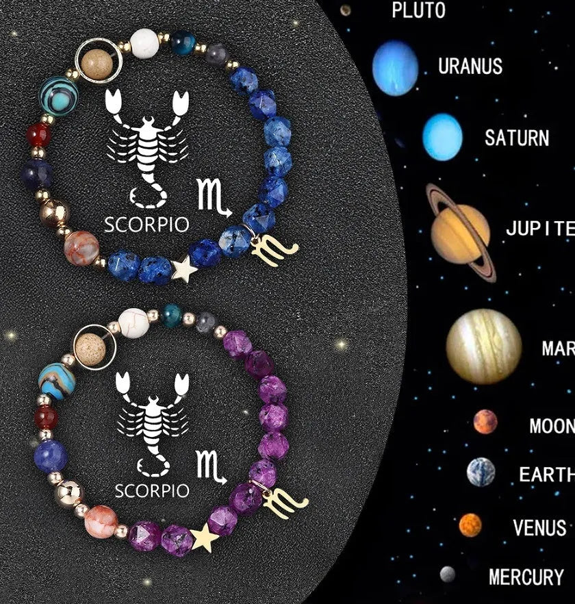 Twelve Zodiac Sign Beaded Bracelet Set with natural stone beads and adjustable cord on wrist