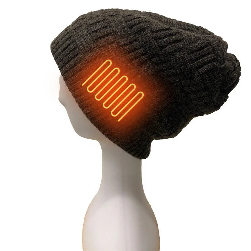 USB rechargeable heated fleece hat with adjustable temperature settings for outdoor activities like hiking, climbing, and fishing