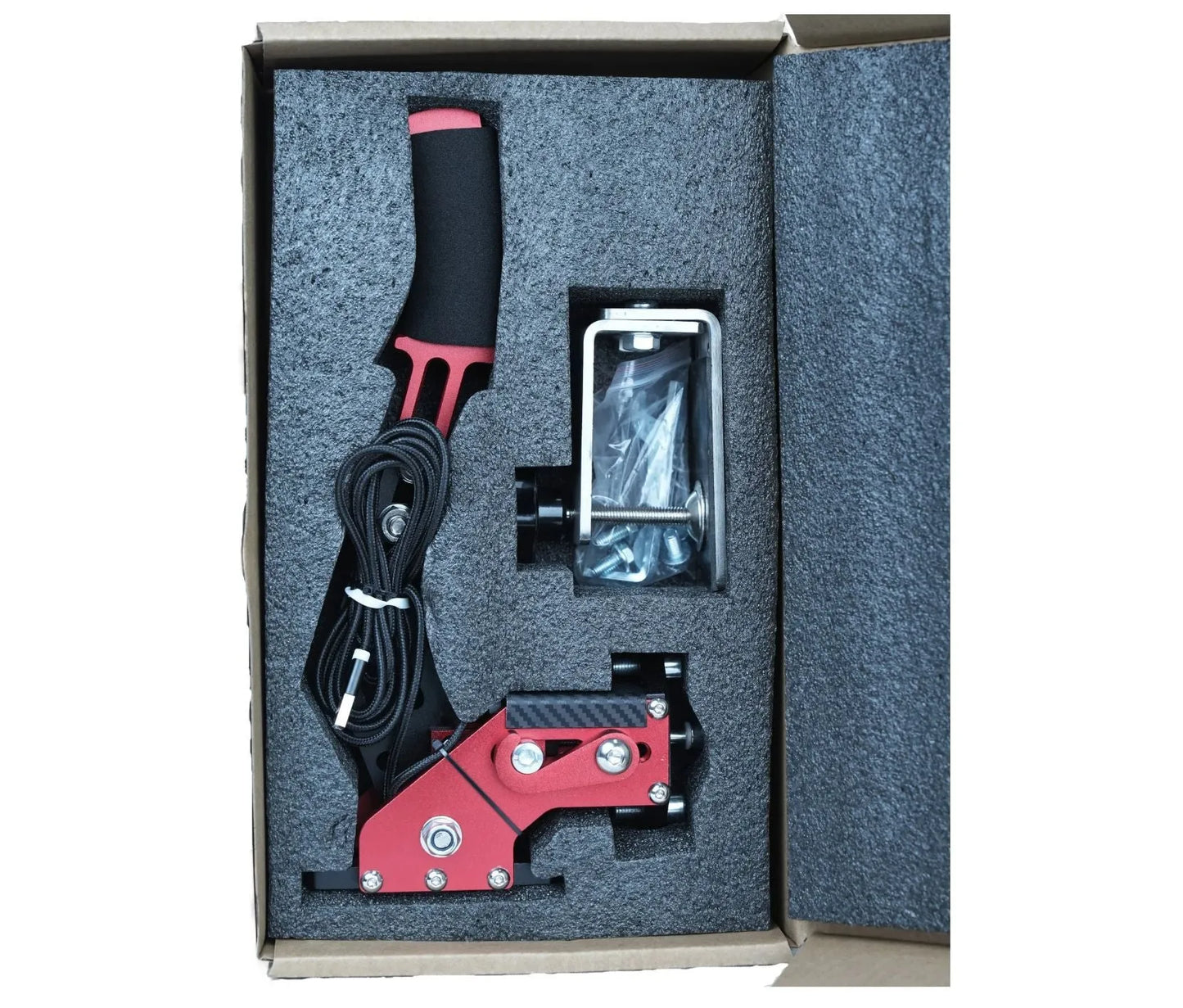 Black USB handbrake controller for PC racing games with a metal mounting clamp.