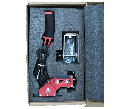 Black USB handbrake controller for PC racing games with a metal mounting clamp.