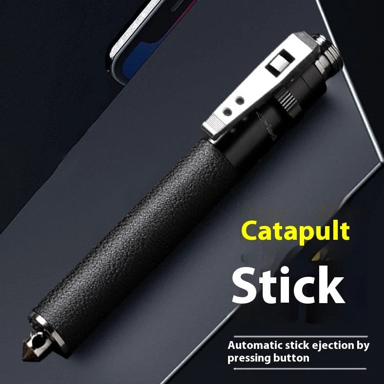 Automatic spring expandable baton in titanium black with aluminium alloy construction showing three length options