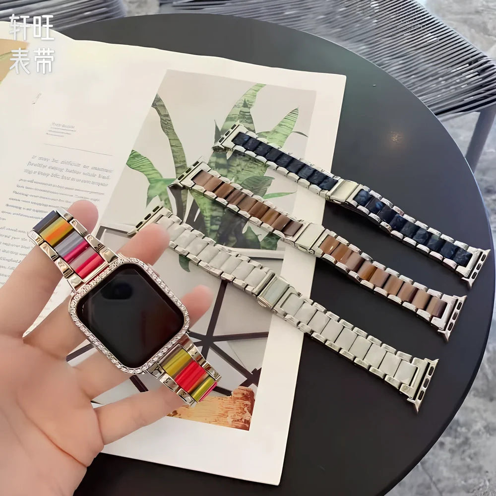 Fashion Personality resin watch strap in multiple colours showing 18cm length and connection points for Apple Watch and universal 22mm watches