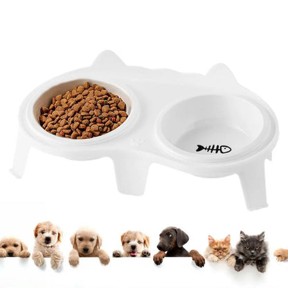 Ceramic cat bowl set with elevated stand in blue, pink, white, or yellow