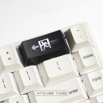 Transparent mechanical keyboard key cap with safety evacuation exit design in red colour