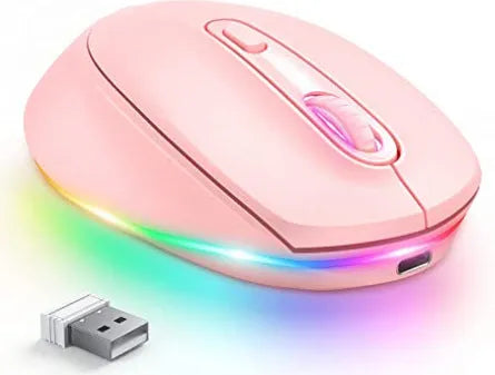 Wireless ergonomic mouse in multiple colours showing compact design with USB charging cable