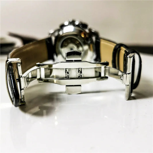 Men's automatic mechanical watch with 12mm thickness showing seven colour options including natural silver and black steel cases