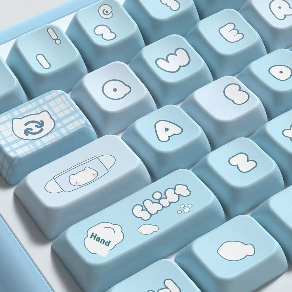 Full set of watercolour kitten design keycaps for mechanical keyboards, showing opaque legends on PTB plastic.