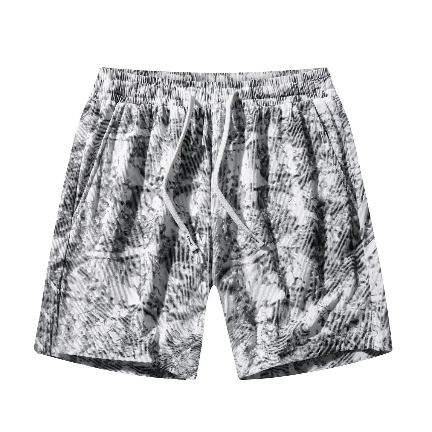 Men's camouflage pattern corduroy athletic shorts with straight leg cut and high waistband