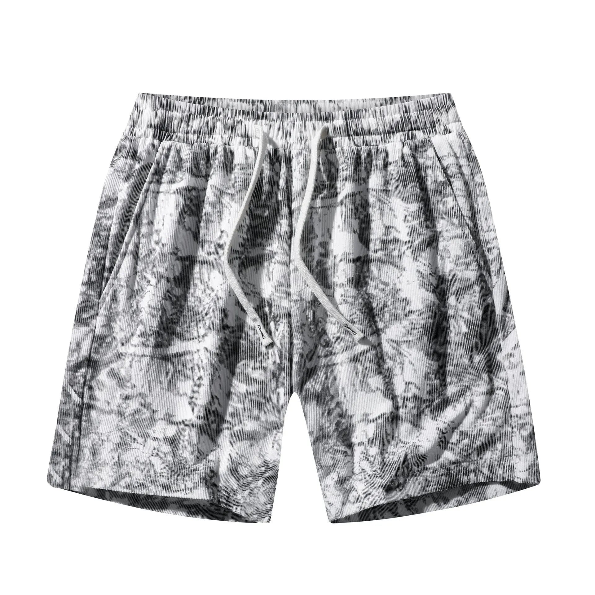 Men's camouflage pattern corduroy athletic shorts with straight leg cut and high waistband