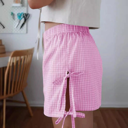 Women's loose plaid print shorts with lace-up design in various colors