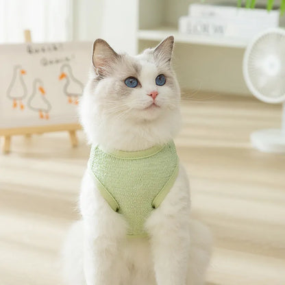 Green knitted cat clothing with a cartoon bear patch, showing hollowed-out breathable design.