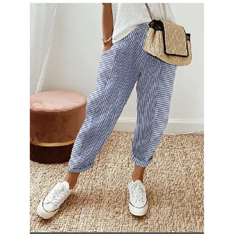 Women's striped print trousers in light gray, loose fit for summer comfort