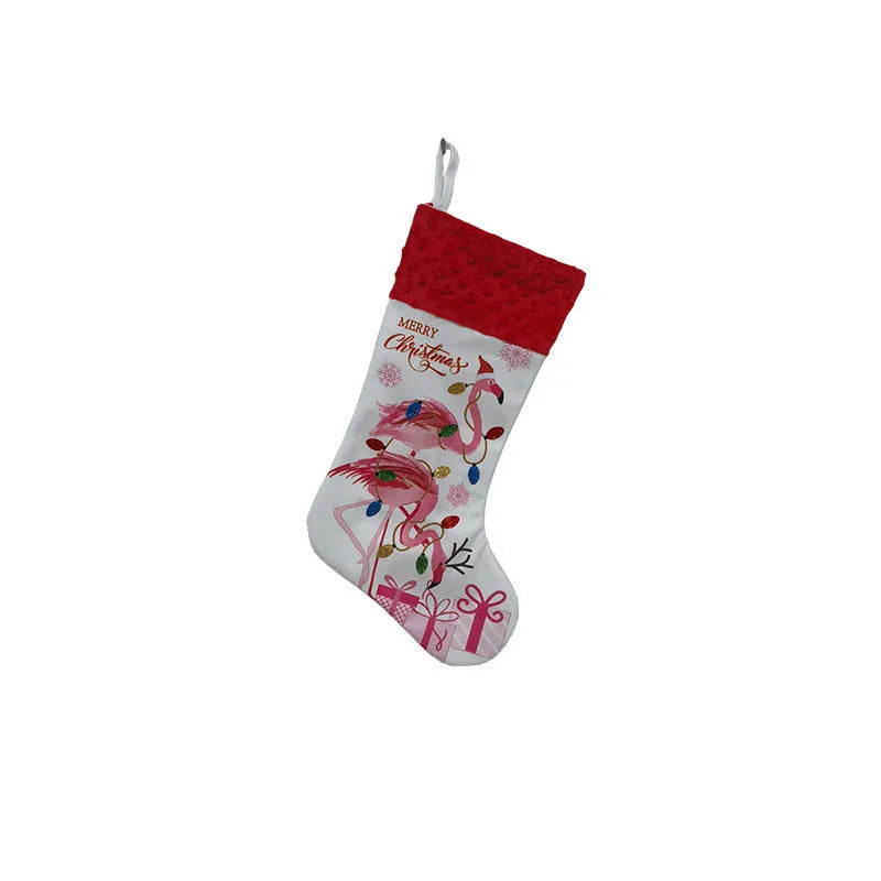 Flamingo Christmas stockings measuring 46cm by 28cm in cloth material with hanging loop