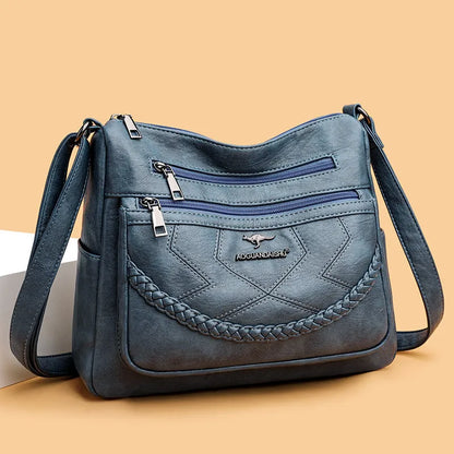 Soft leather fashion shoulder bag in horizontal square design with multiple internal pockets