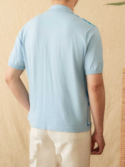 Short-sleeved knitted cardigan polo shirt in royal blue with lapel collar and striped pattern, sizes M to 3XL