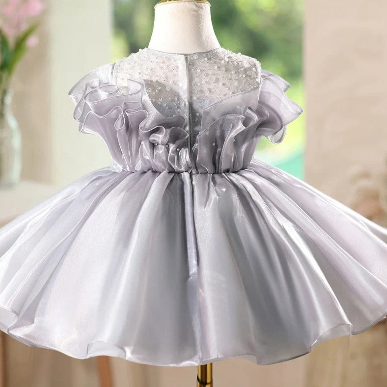 Girls sleeveless princess dress in smoky grey colour with round neckline, suitable for birthday celebrations