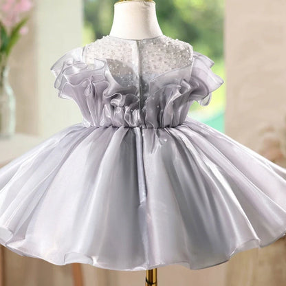 Girls sleeveless princess dress in smoky grey colour with round neckline, suitable for birthday celebrations