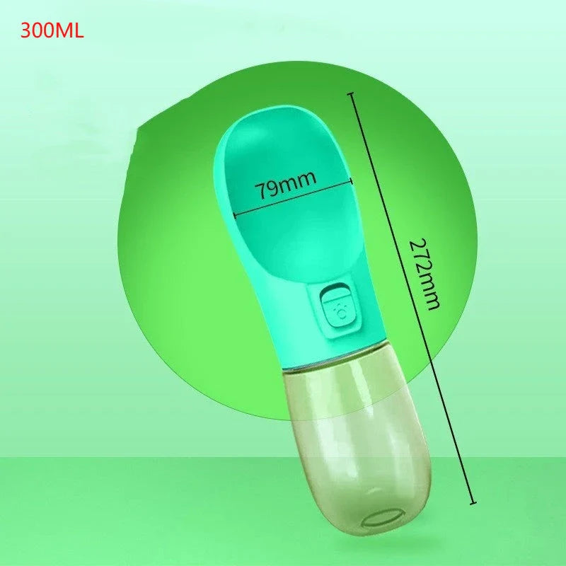 Portable pet water bottle and feeding bowl made of durable, BPA-free plastic with a leak-proof design and large opening for easy drinking and refilling