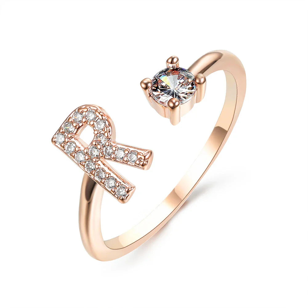Personalized Initial Letter Adjustable Ring made of copper alloy and zircon, showcasing a vintage-inspired design