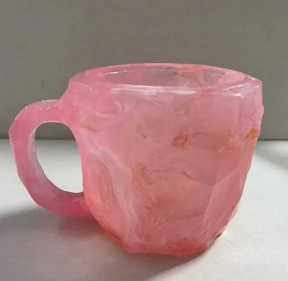 400ml resin mineral crystal coffee mug with handle in assorted colours including purple, blue, and pink.