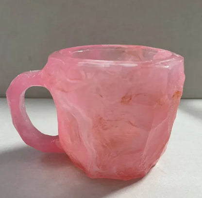 400ml resin mineral crystal coffee mug with handle in assorted colours including purple, blue, and pink.