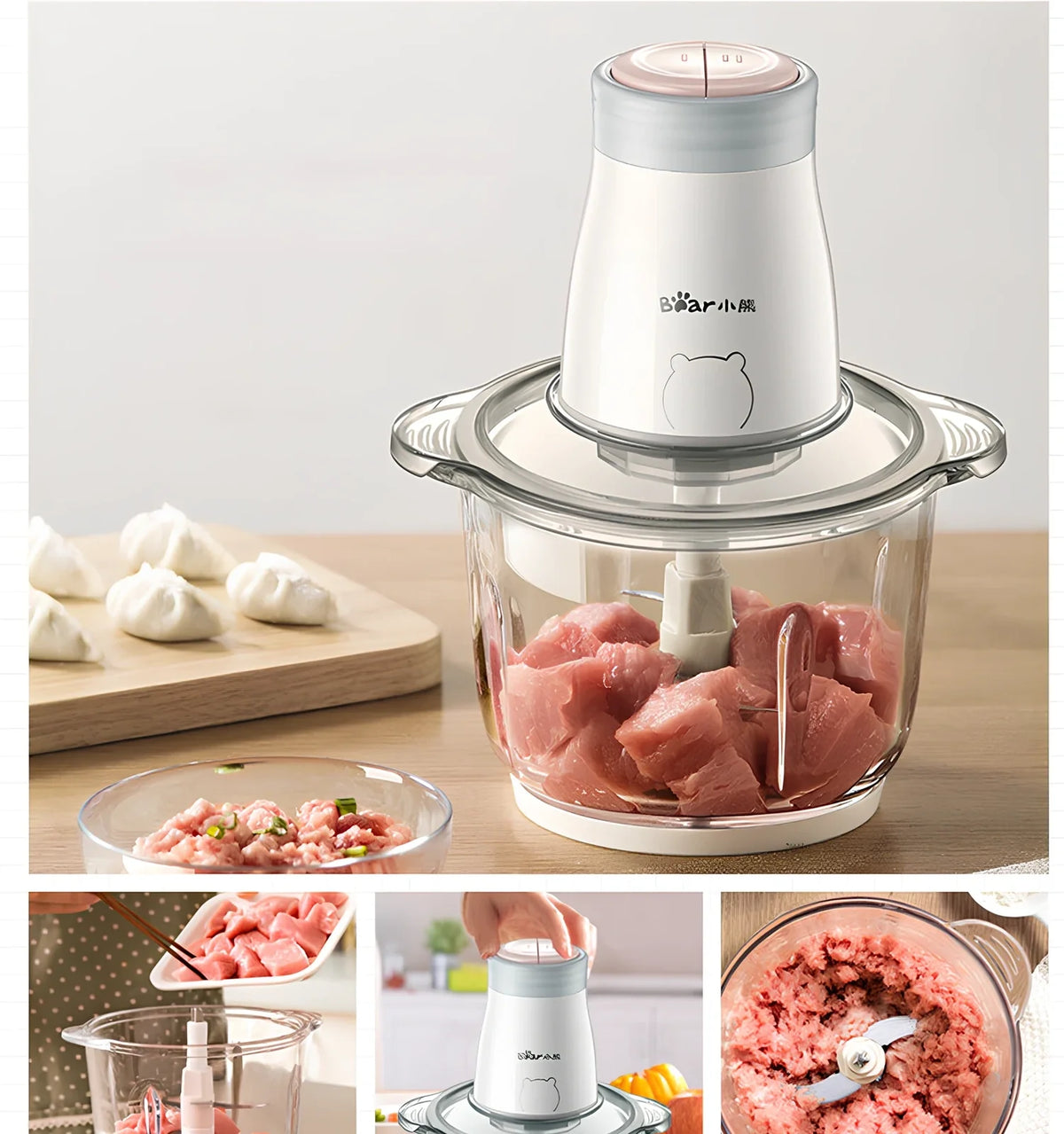 Household electric vegetable chopper blender with glass bowl and stainless steel blade on kitchen counter