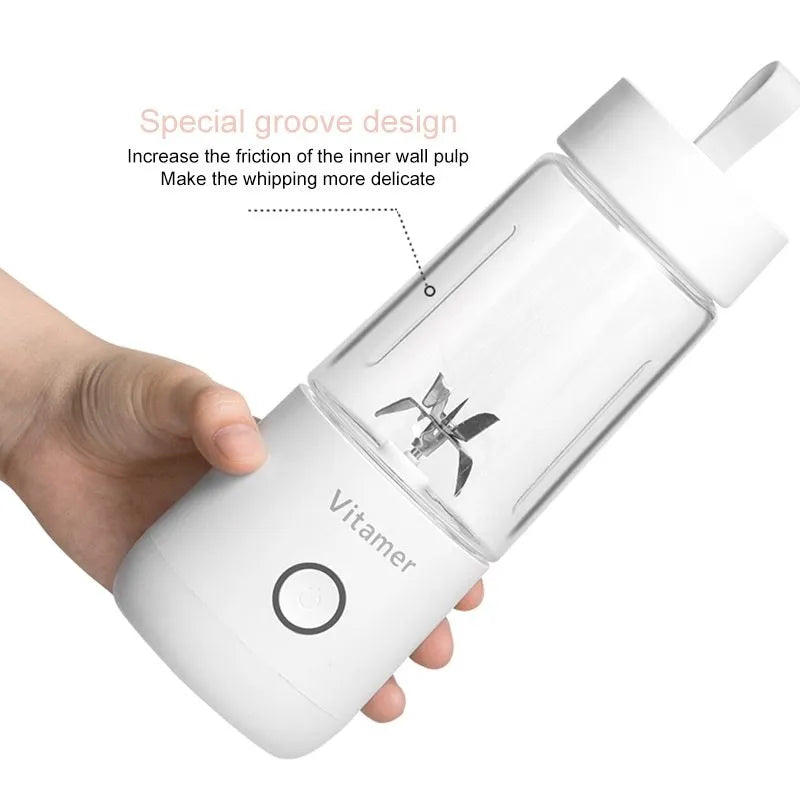 White portable USB rechargeable blender bottle with silicone carrying ring, 350ml capacity.