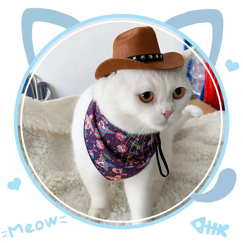 A black pet cowboy hat with a white star on the front, shown with its adjustable elastic strap.