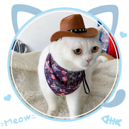 A black pet cowboy hat with a white star on the front, shown with its adjustable elastic strap.