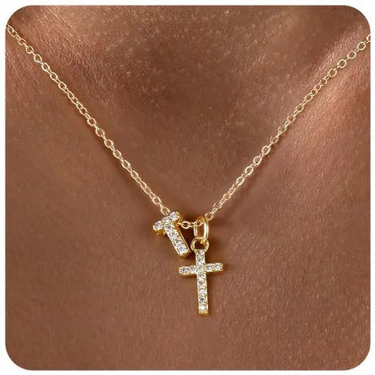 A-Z zircon inlaid letter necklace on a copper regular chain with electroplated finish