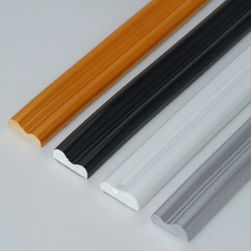 Flexible PVC background wall shaping frame with edge banding in 1m, 3m, or 5m lengths, featuring a flat style and self-adhesive backing available in white, gold, black, or silver to create custom displays, photo booth backdrops, and event decorations.