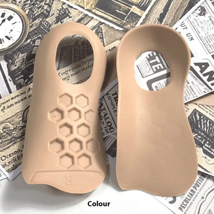 Pair of TPR varus correction arch support insoles in black, white, and skin colour options.