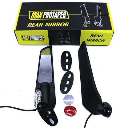 Motorcycle spoiler rearview mirror with yellow LED light strip and convex glass lens
