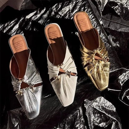 Genuine leather women's half toe slippers with square toe and low heel in gold, beige, and silver colour options